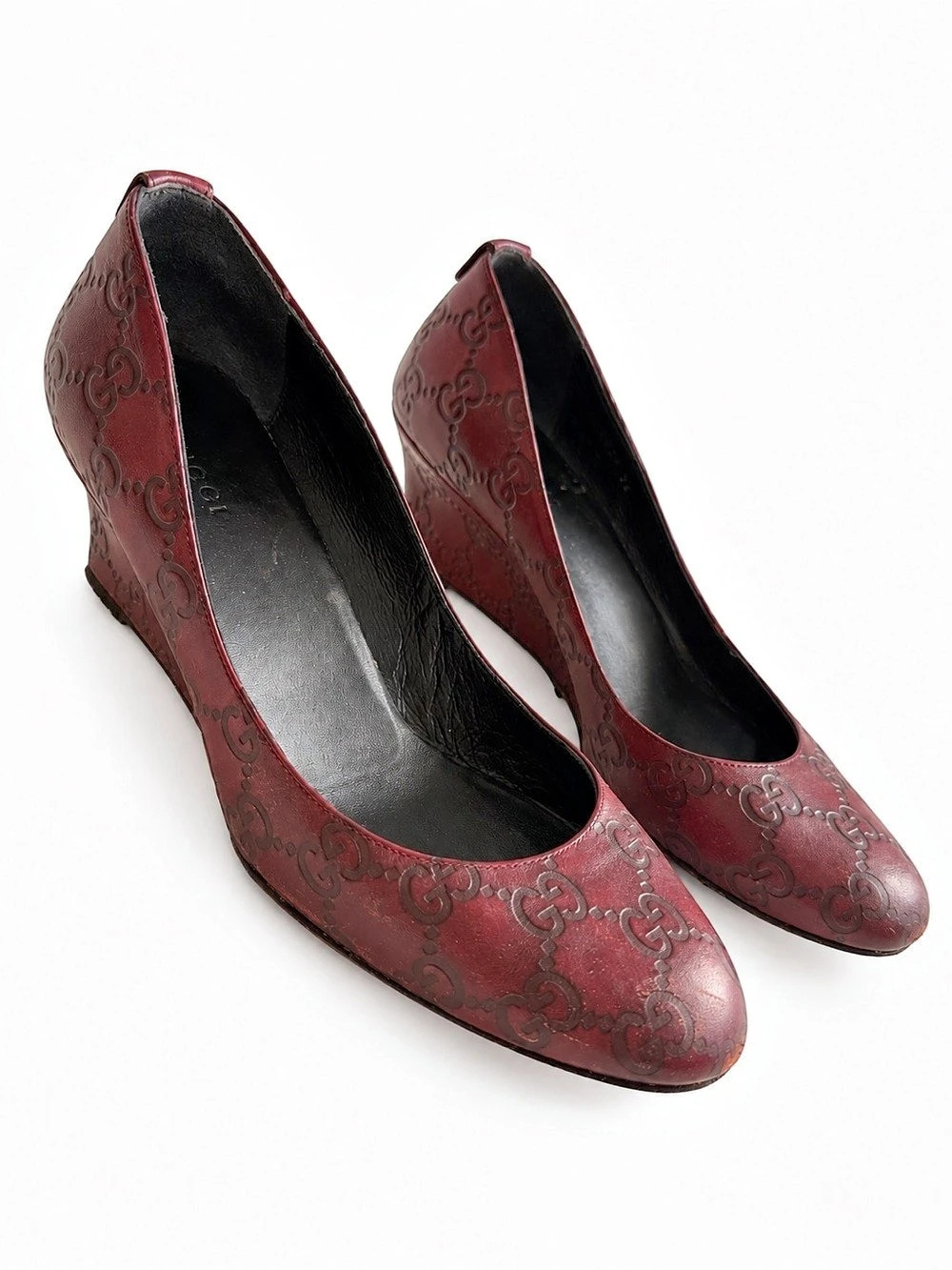 Gucci Burgundy Guccissima GG Leather Wedge Pumps Size 36